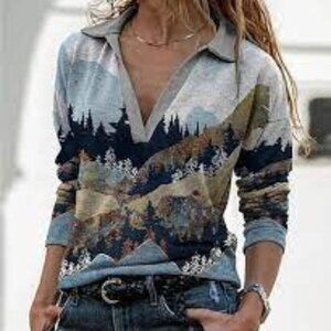 Jiana Womens Collared Top XL Forest Scene 348A